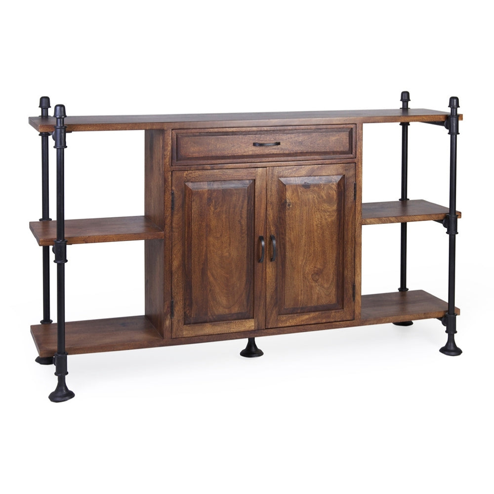 PIPA mangófa tálaló 160 cm fekete fém vázzal és tároló polcokkal