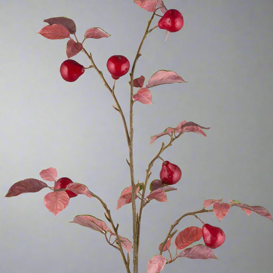 Közelkép a rubinszínű mű vadkörte ágról, élethű levelekkel és gyümölcsökkel.