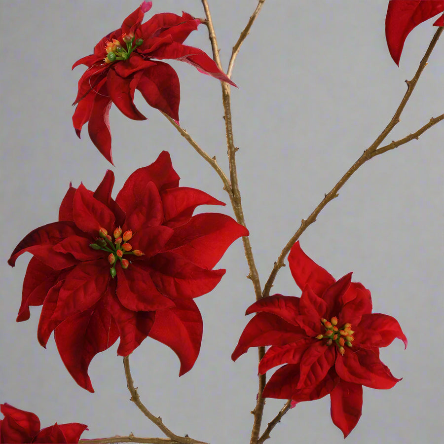 Hosszú, elágazó mű mikulásvirág ág bársony szirmokkal, elegáns karácsonyi dekoráció.