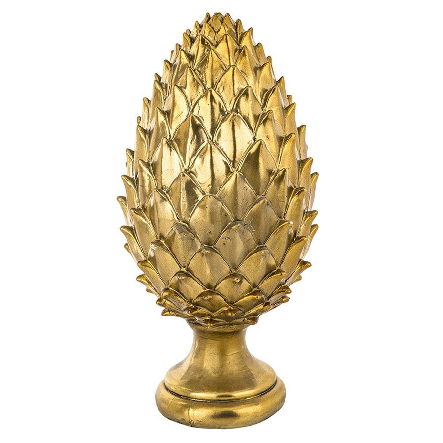 Pomme de Pine arany toboz dísz 39 cm, fényes, részletgazdag felület, modern glamour stílus, teljes nézet.