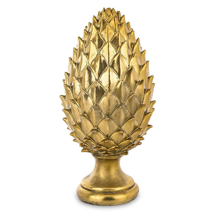 Pomme de Pine aranyszínű dekoratív toboz dísz 39 cm magas, glamour stílusban, teljes elölnézeti fotó.