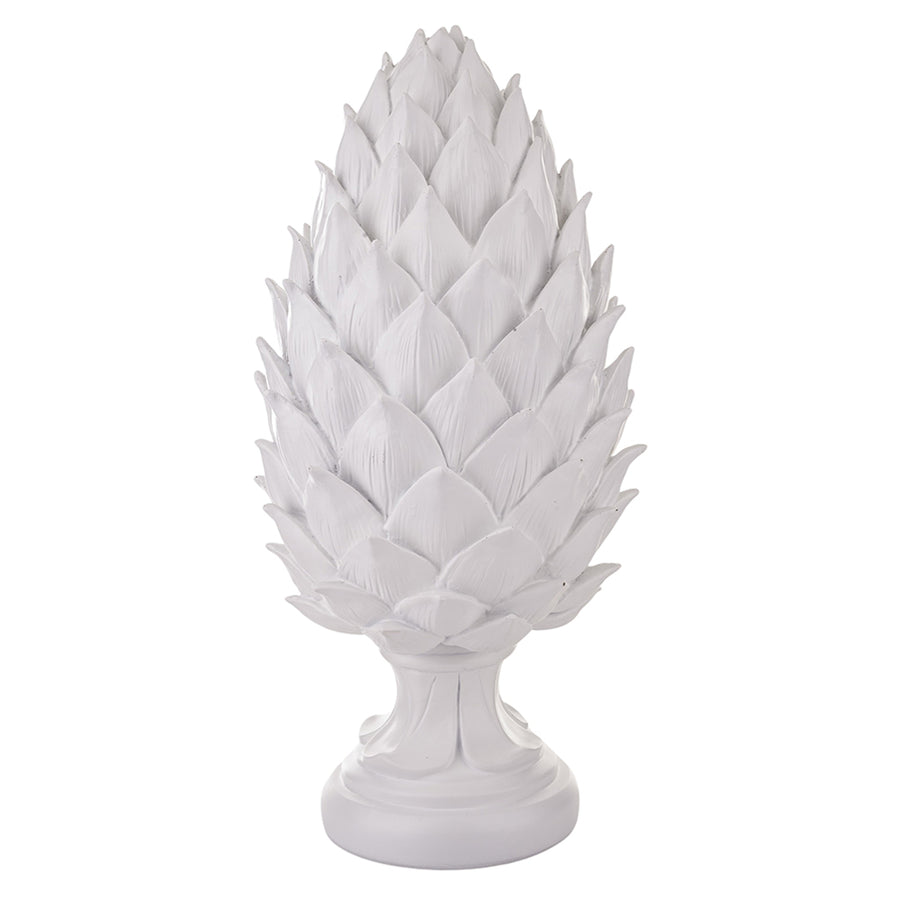 Fehér színű, dekoratív toboz dísz.