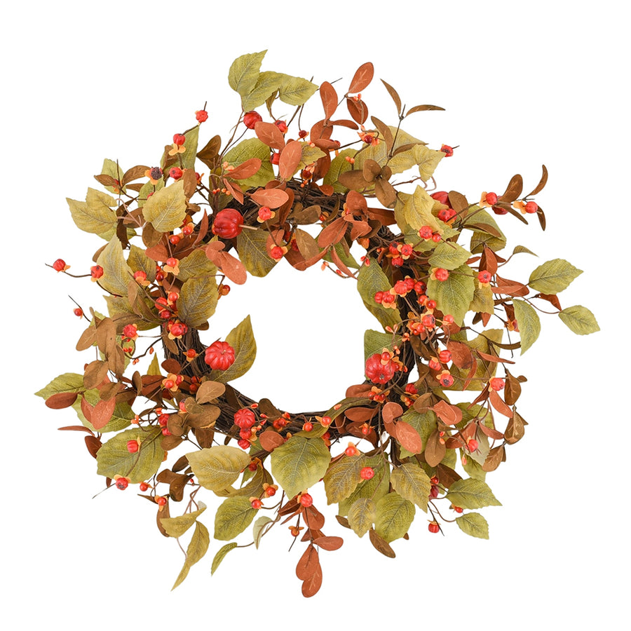 Őszi hangulatú, 56 cm átmérőjű mű koszorú mini dísztökökkel és csipkebogyóval.