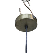 Close up of the ceiling mount for the Old French rattan pendant lamp showing a round brass canopy and attached cord.