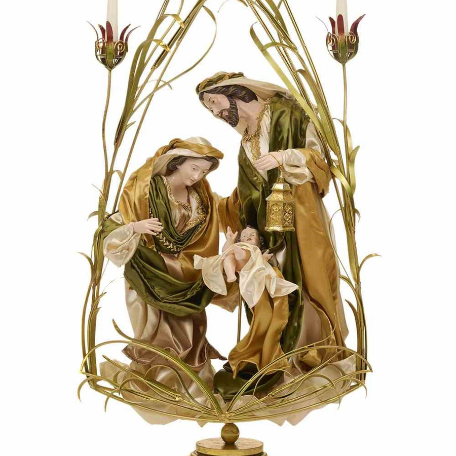 RELIGION Szent Család aranyszínű fémszerkezettel és két gyertyatartóval