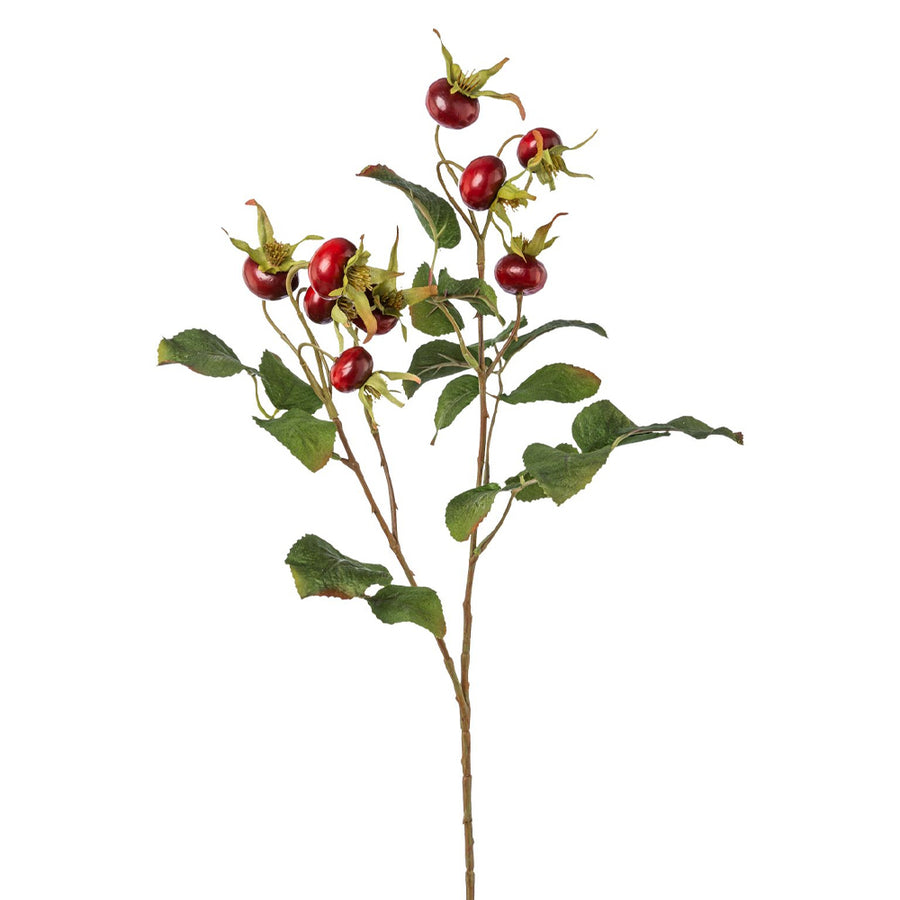 Rosa Canina bordó mű csipkebogyó ág 58 cm magas, élethű termésekkel és hervadó levelekkel, Berry kollekció