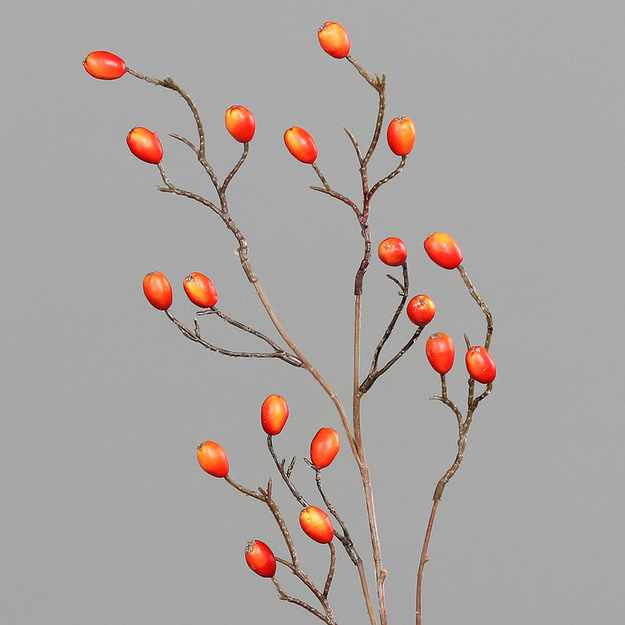Narancssárga mű csipkebogyó ág részletgazdag kidolgozással és száraz hatású szárakkal, 83 cm