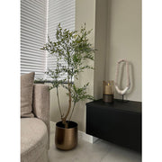 Zöld mű ruszkusz cserje stílusos, bronz színű kaspóban, komód mellett elhelyezve.