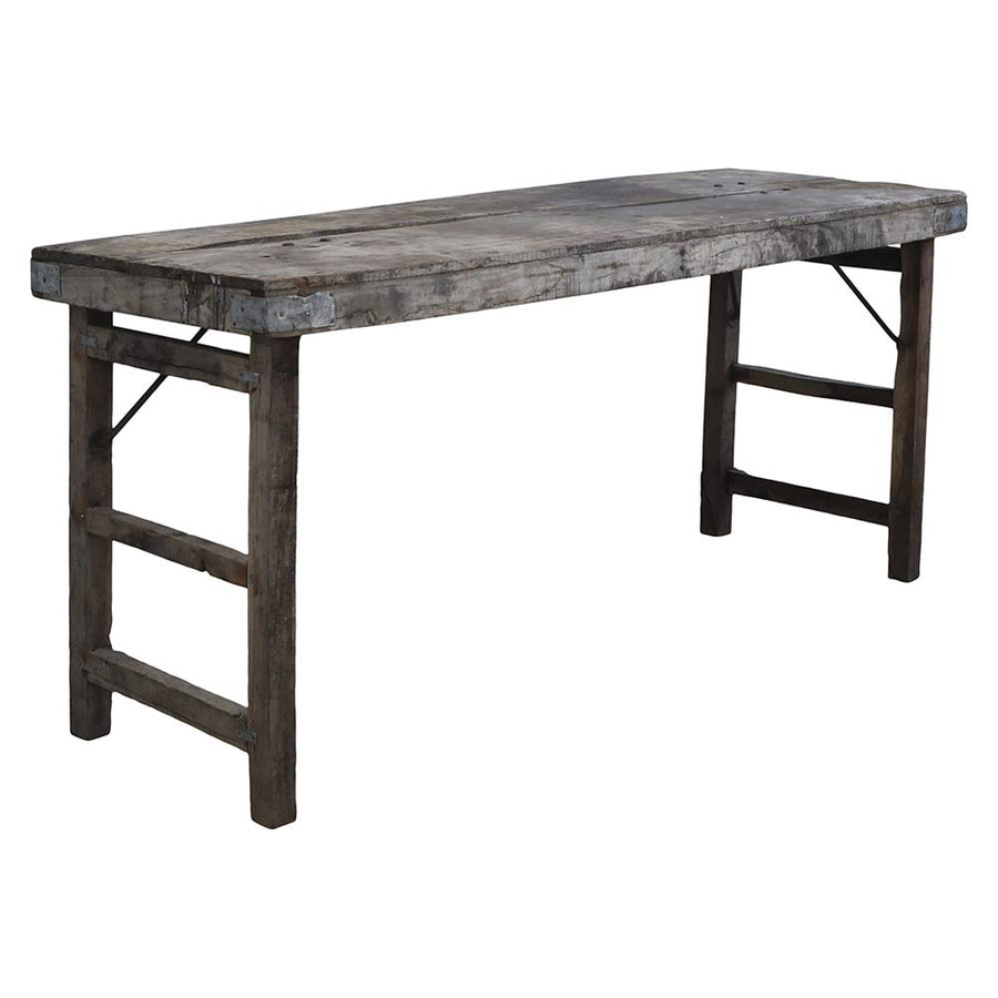 Összecsukható lábbal kialakított, kézműves konzolasztal.