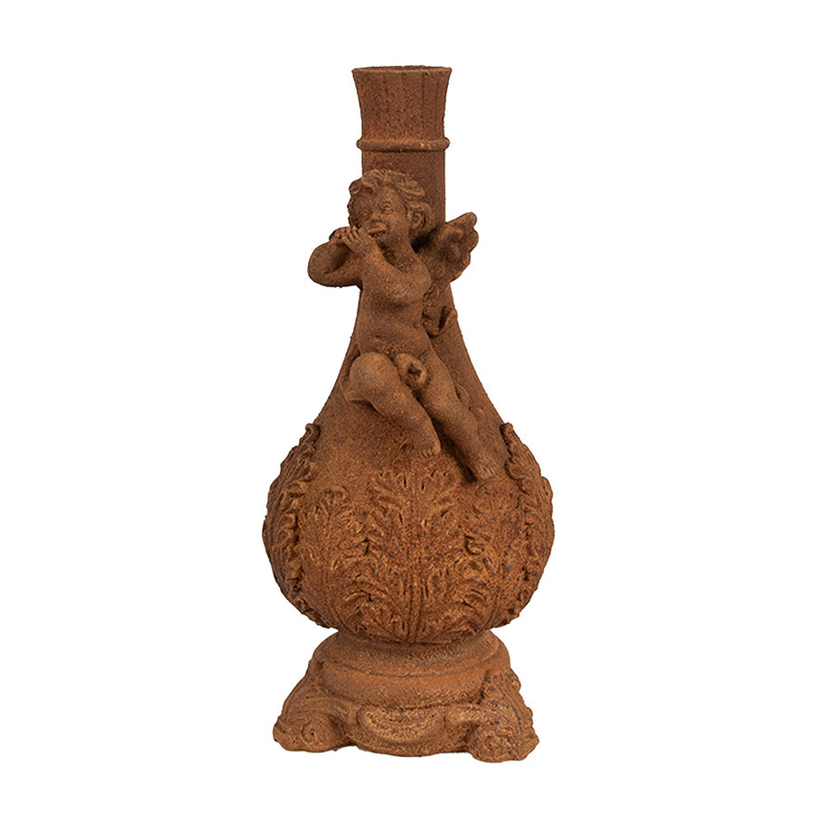 Rozsdabarna színű, antikolt felületű, angyal figurás gyertyatartó.