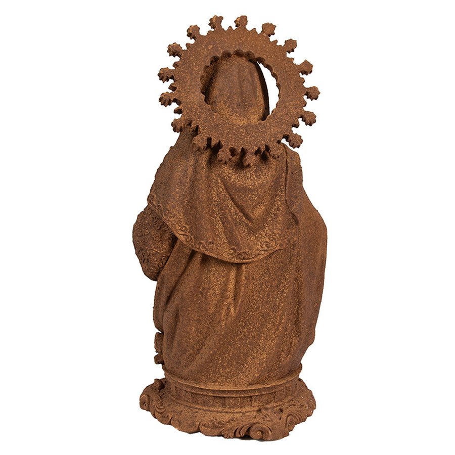 Rozsdabarna színű, antikolt felületű Madonna figura..