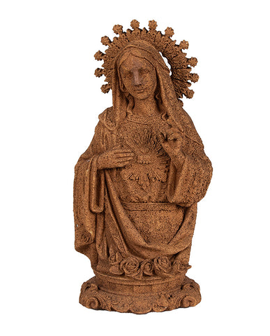 Rozsdabarna színű, antikolt felületű Madonna figura..