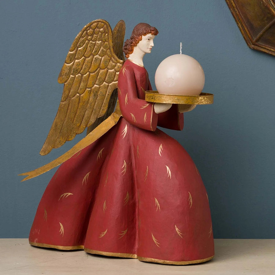 SACRED angyal figura gyertyatartó, arany szárnyakkal és kézzel tartott gyertyatálcával