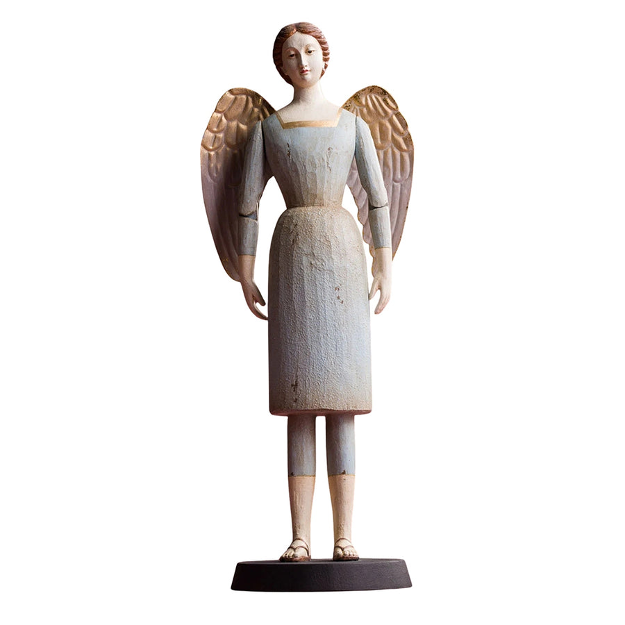 SACRED világoskék angyal figura 40 cm, klasszikus formavilágú, kézzel festett, mozgatható karokkal