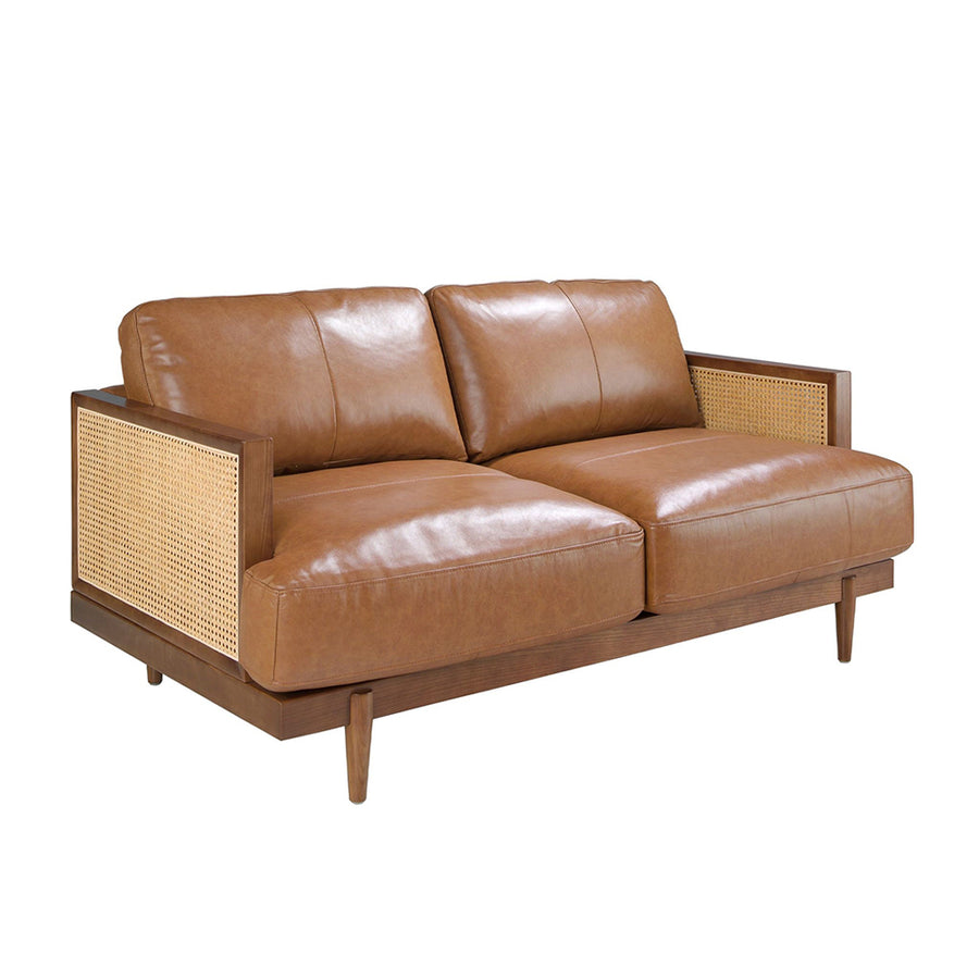 Barna színű marhabőrrel kárpitozott, rattanbetétes, 2 személyes design kanapé.