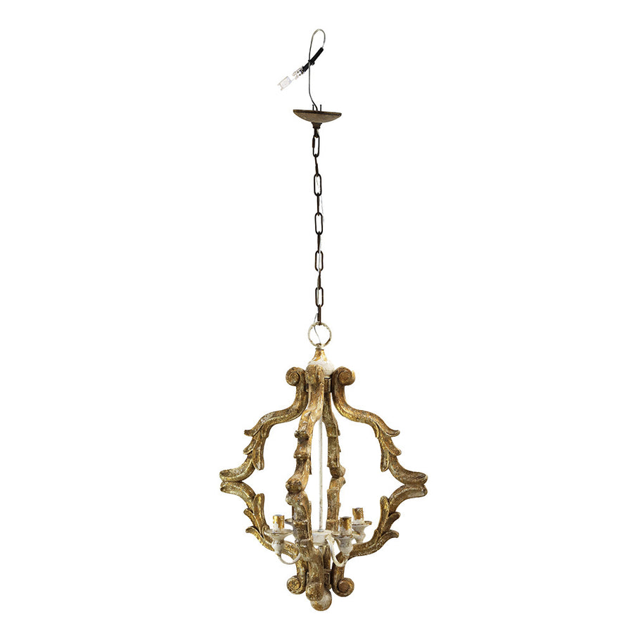 Aranyszínű, antikolt felületű, fa fügesszték lámpa.