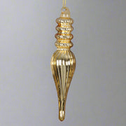 Aranyszínű jégcsap formájú üveg karácsonyfadísz.