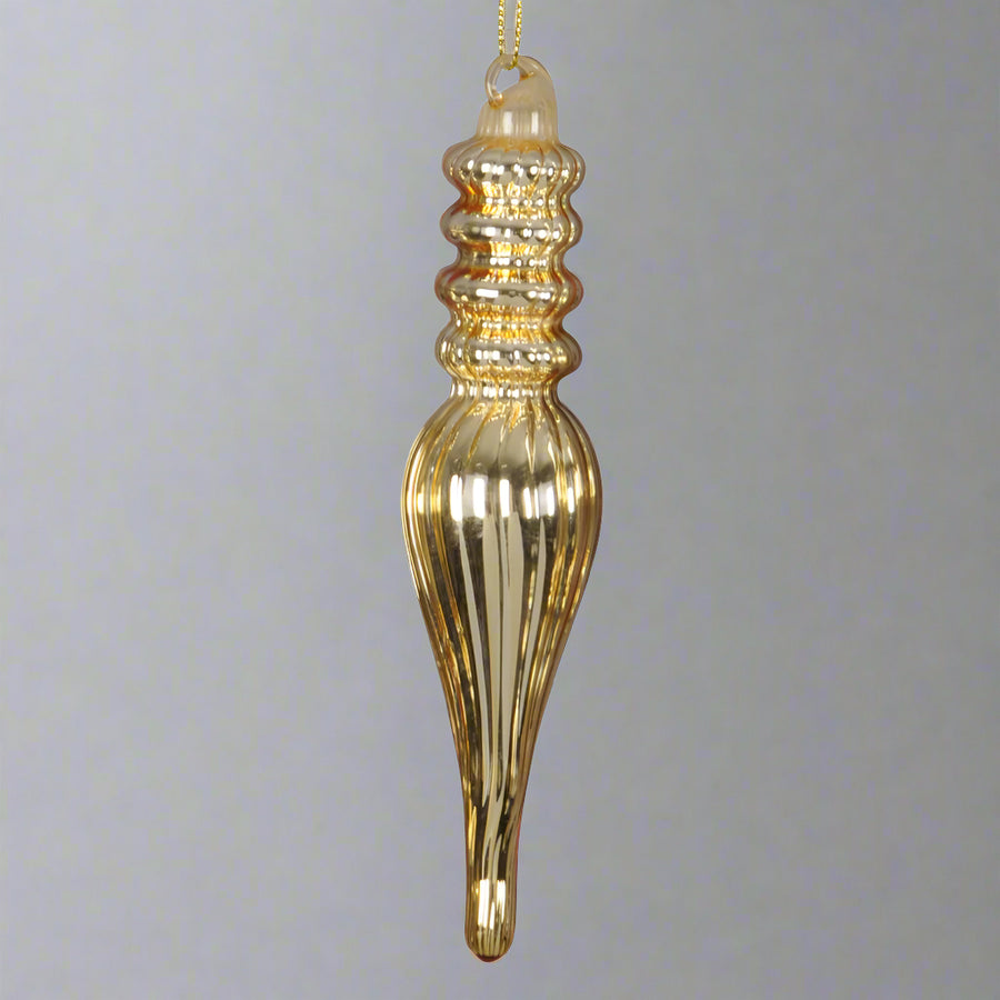 Aranyszínű jégcsap formájú üveg karácsonyfadísz.