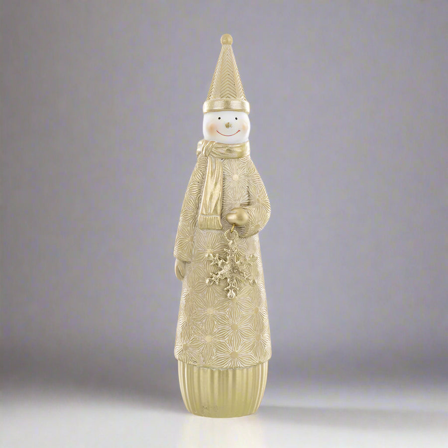 Elegáns arany hóember szobor 23 cm, modern karácsonyi dekoráció a Shiny kollekcióból.