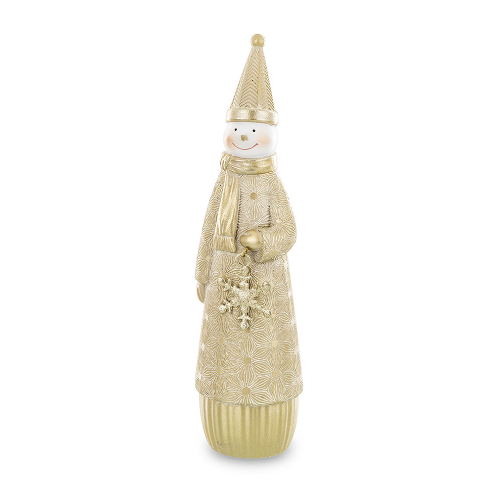 SHINY arany hóember figura 23 cm – glamour stílusú dekoráció arany mintás köpenyben, csillogó hópehellyel.
