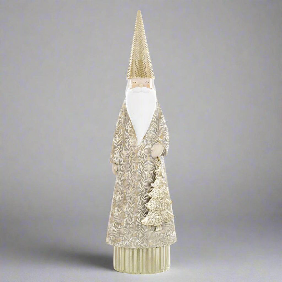 Art deco ihletésű arany Mikulás figura, elegáns karácsonyi díszlethez.