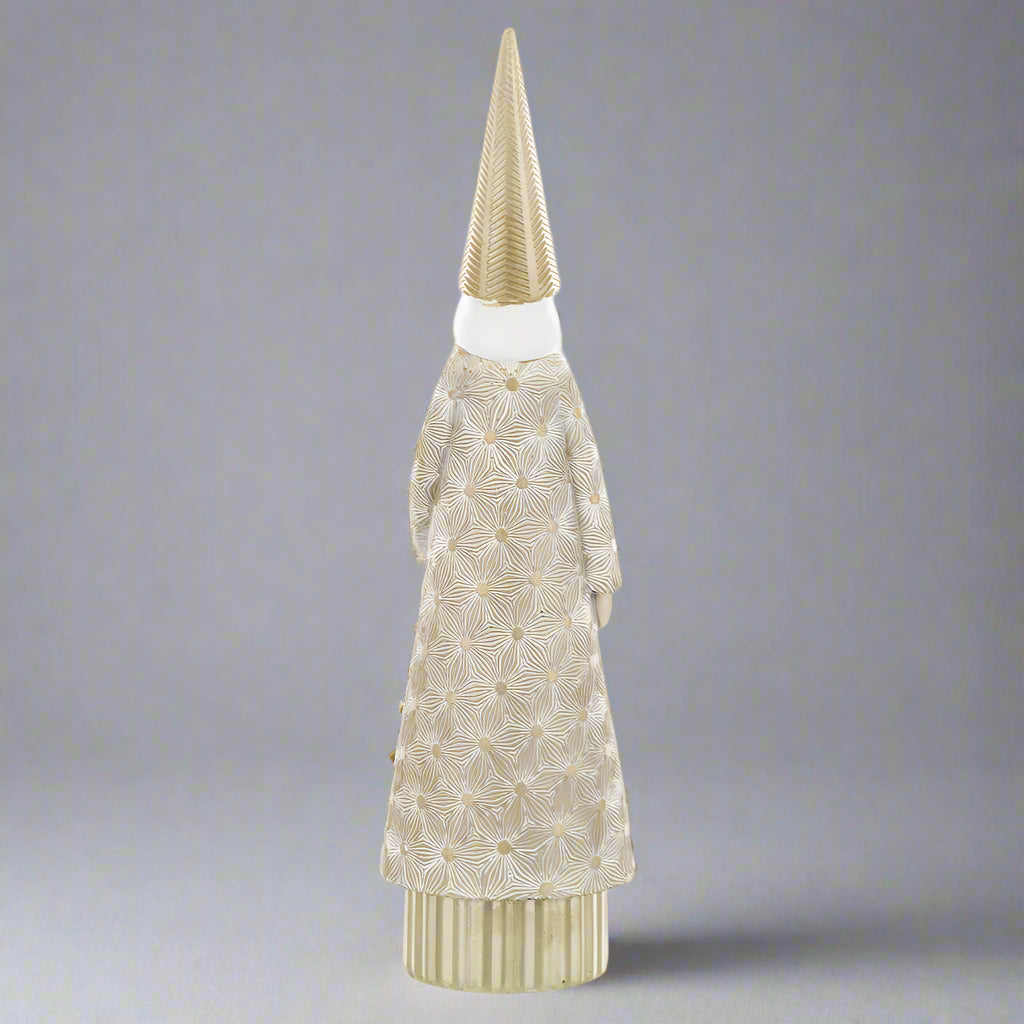 Modern karácsonyi dekoráció – 31 cm magas arany Mikulás figura ünnepi enteriőrbe.