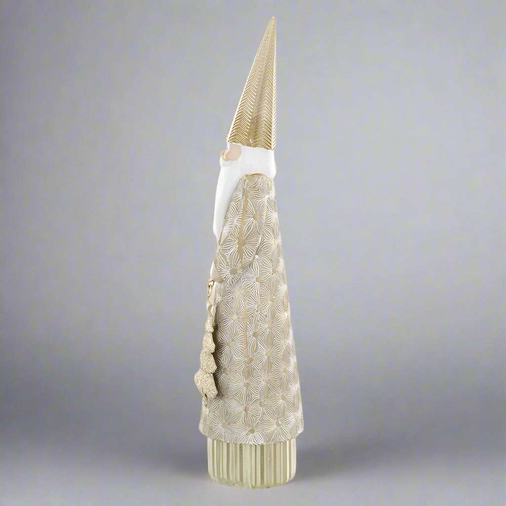 Modern karácsonyi dekoráció – 31 cm magas arany Mikulás figura ünnepi enteriőrbe.