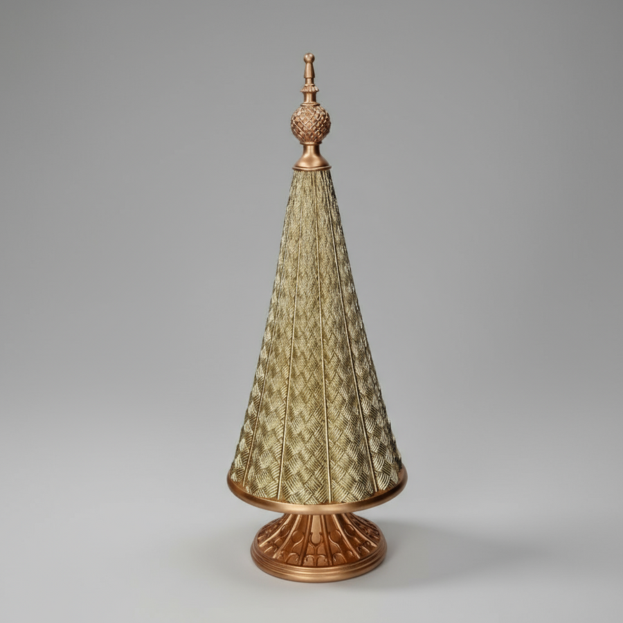 SHINY zöld-arany dekor fenyő kúp díszes csúccsal és bronzos talppal