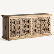 Orientál ihletésű, natúr színű, újrahasznosított natúr mangófából készült, 4 ajtós rusztikus tálaló.