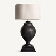 Koloniál stílusú, mangófából faragott, fekete, nagy méretű asztali lámpa.