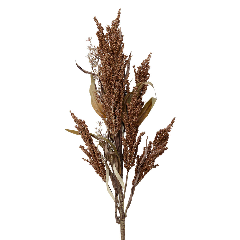 Sorghum mokkaszínű magvas mű ág fehér háttéren, 93 cm