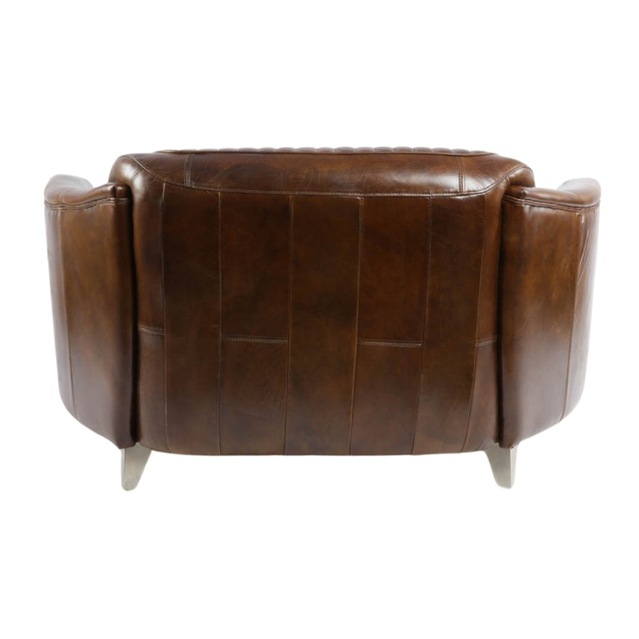 SPORSTER 2 személyes kanapé hátsó nézete, rozsdamentes acéllábakkal és elegáns bőrkárpittal.