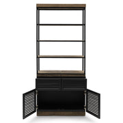 Könyvespolc nyitott polcokkal és zárt alsó szekrényrésszel nyitott ajtókkal