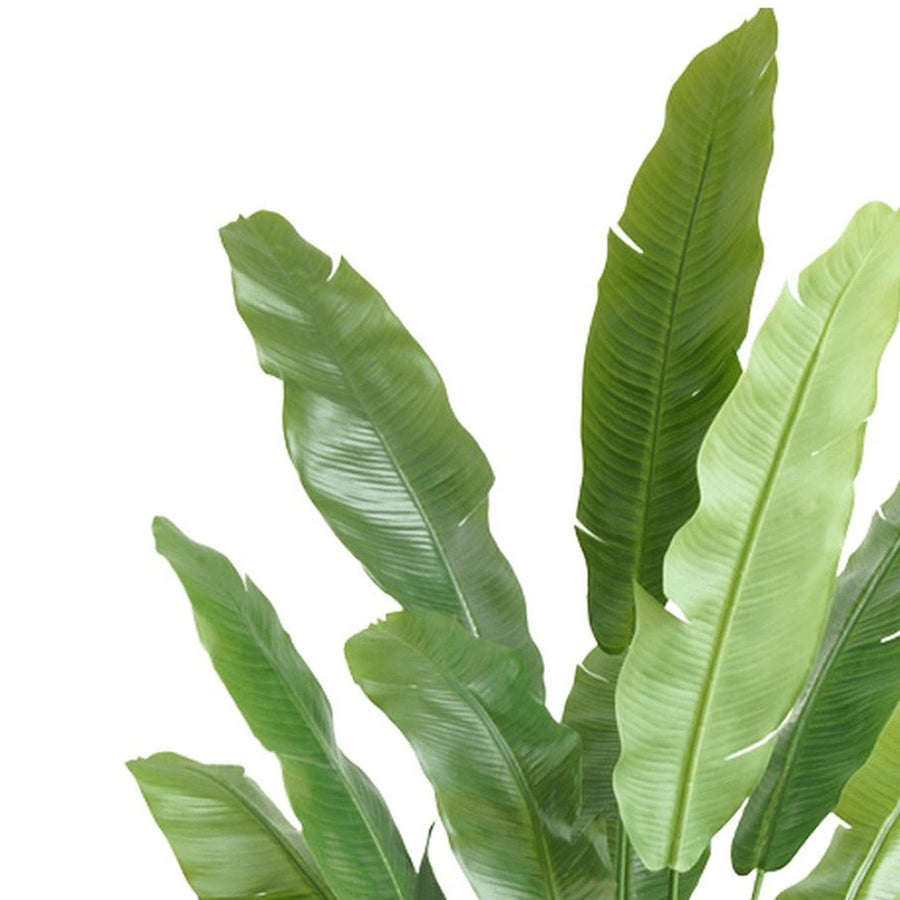 Nagyméretű 195 cm-es strelitzia Nicolai műnövény nappaliban, dekor kaspóban