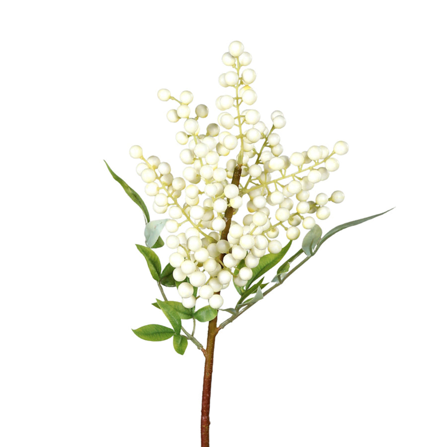 Krémszínű mű hóbogyó ág zöld levelekkel, 50 cm