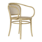 Thonet ihletésű, natúr színű, lakkozott felületű szilfából készült, mediterrán stílusú, formatervezett, karfás kialakítású étkezőszék.