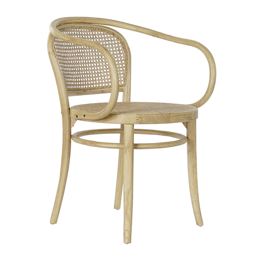 Thonet ihletésű, natúr színű, lakkozott felületű szilfából készült, mediterrán stílusú, formatervezett, karfás kialakítású étkezőszék.