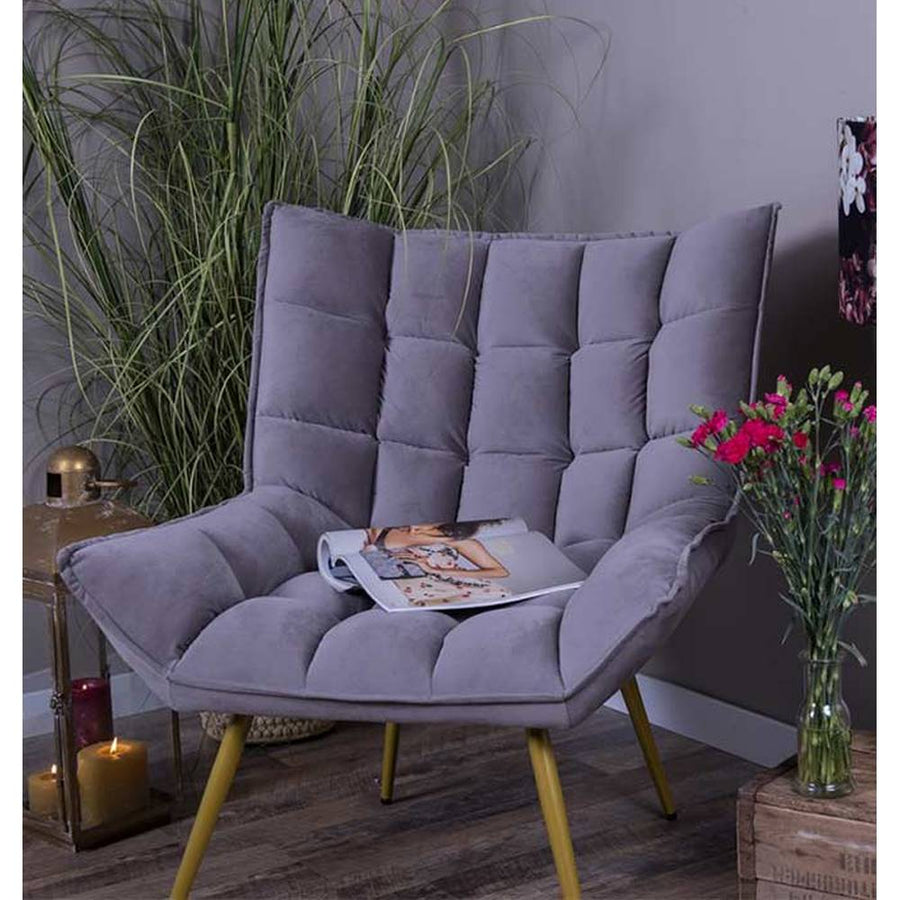 Szürke színű bársonyszövettel kárpitozott, dizájn fotel