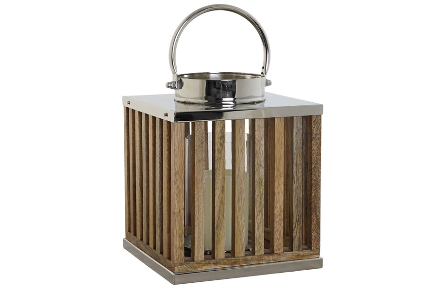 Mangófából és rozsdamentes acélból készült lámpás.