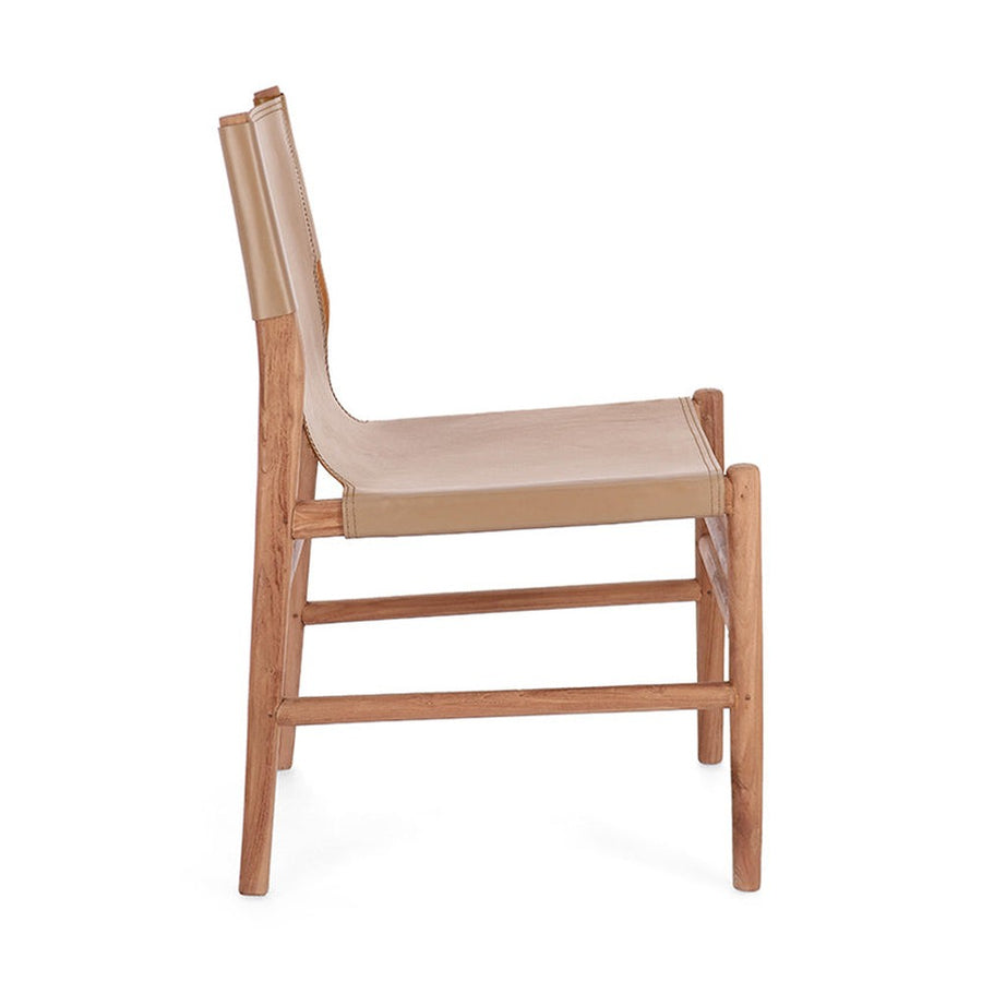 Teakfából és taupe színű valódi bőrből készült, kortárs stílusú dizájn étkezőszék.