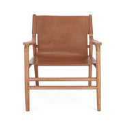 Teakfából és konyakszínű valódi bőrből készült, kortárs stílusú dizájn fotel.