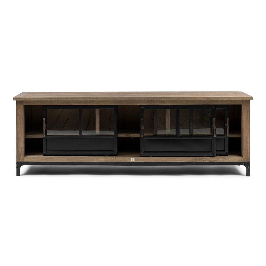 TV szekrény nyitott tolóajtókkal polcos belső kialakítással