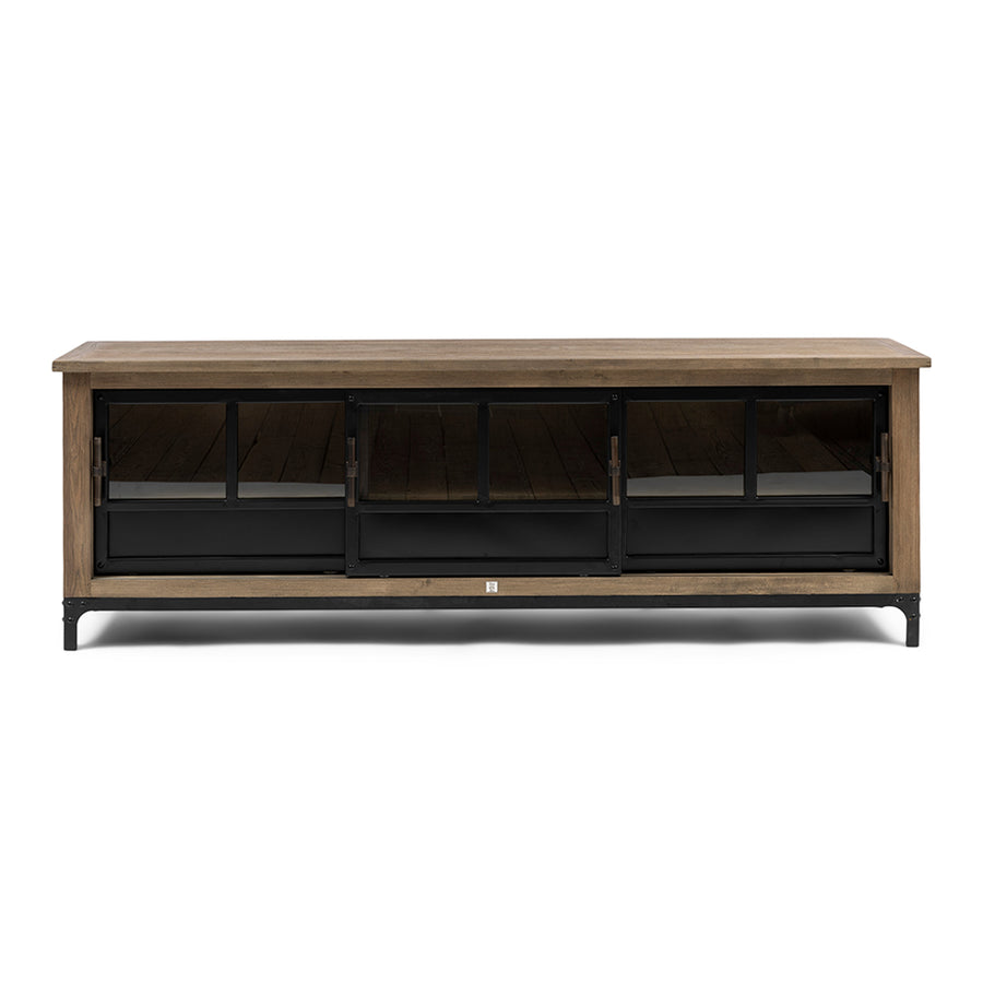 Loft stílusú kőrisfa-fém vitrines TV szekrény 190 cm fekete üveg tolóajtókkal