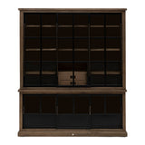 Loft stílusú kőrisfa-fém vitrines szekrény 220 cm fekete üveg tolóajtókkal elölnézet