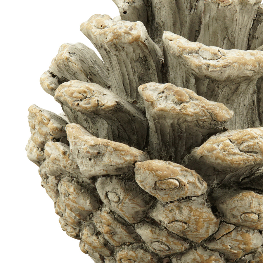 Rusztikus antikolt felületű, krémszínű, dekoratív toboz dísz.