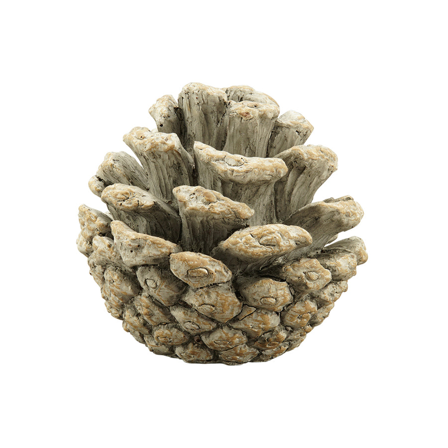 Rusztikus antikolt felületű, krémszínű, dekoratív toboz dísz.