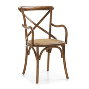 Thonet ihletésű, barna színű, tölgyfából és rattanból készült karosszék.