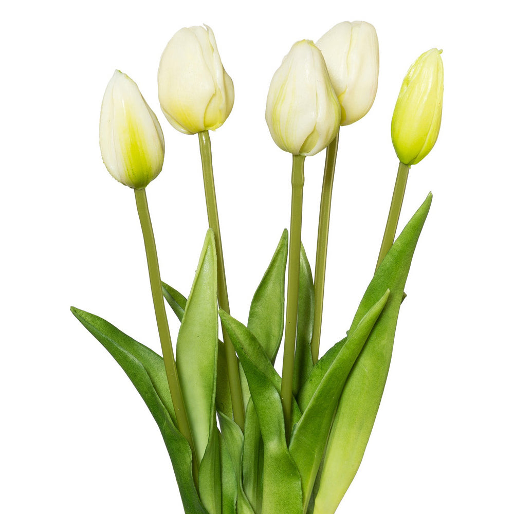 Mesterséges fehér tulipáncsokor nyíló és bimbós virágfejekkel, részlet