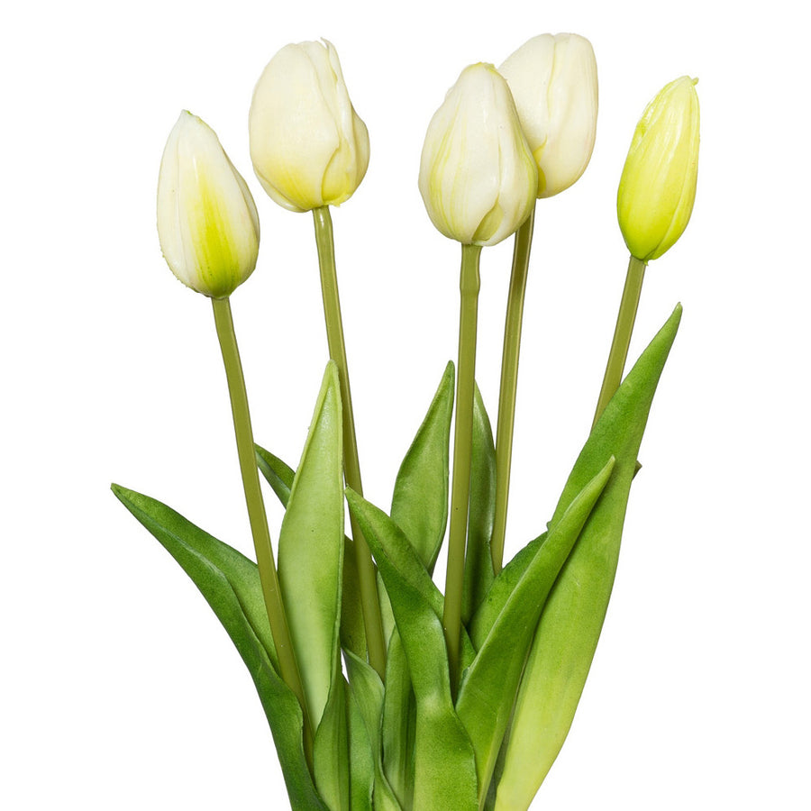 Mesterséges fehér tulipáncsokor nyíló és bimbós virágfejekkel, részlet