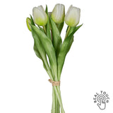 TULIP 6 szálas fehér mű tulipáncsokor 32 cm – real touch hatású, élethű művirág zöld levelekkel